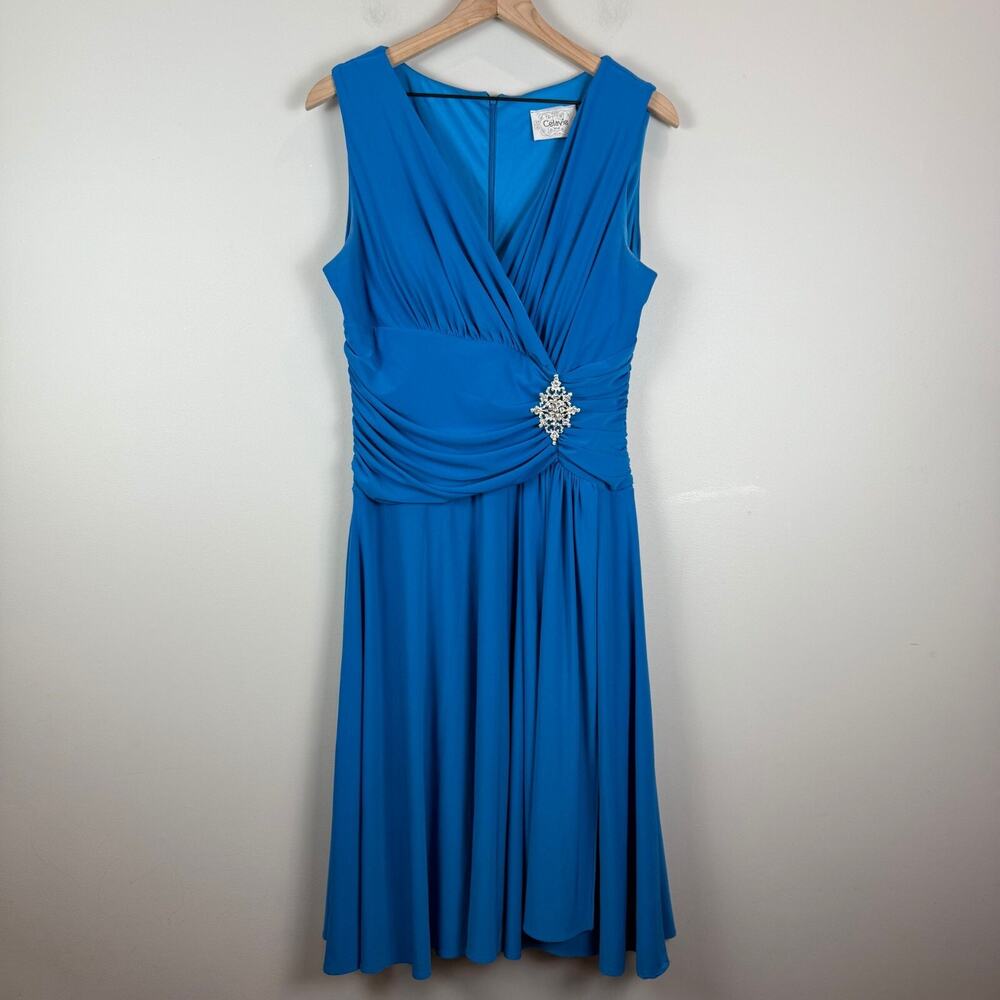 Celavie‎ Dress Women L Blue Embellished Faux Wrap Surplice Neck Pleat Y2K Formal